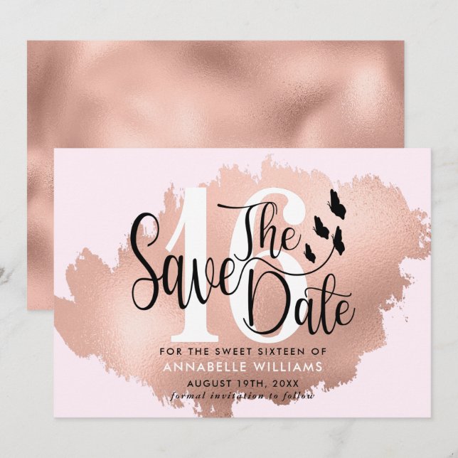 Rose Gold 16th Birthday Party  Save The Date (Front/Back)