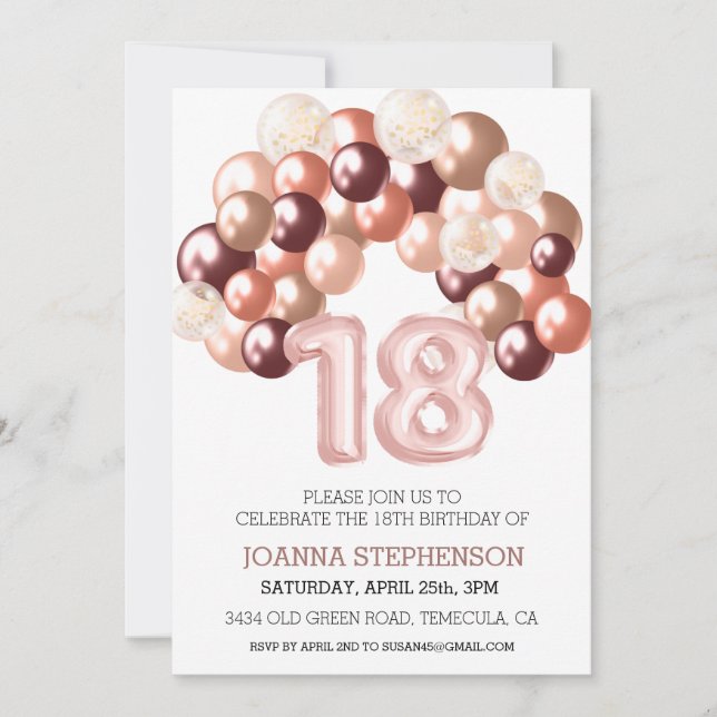 Rose Gold 18th Eighteen Balloon Arch Number Invitation (Front)