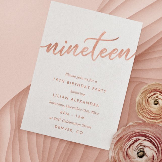 Rose Gold 19e Anniversaire Invitation Faux Foil (Créateur téléchargé)