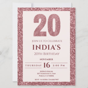 rose gold 20th birthday invitation
