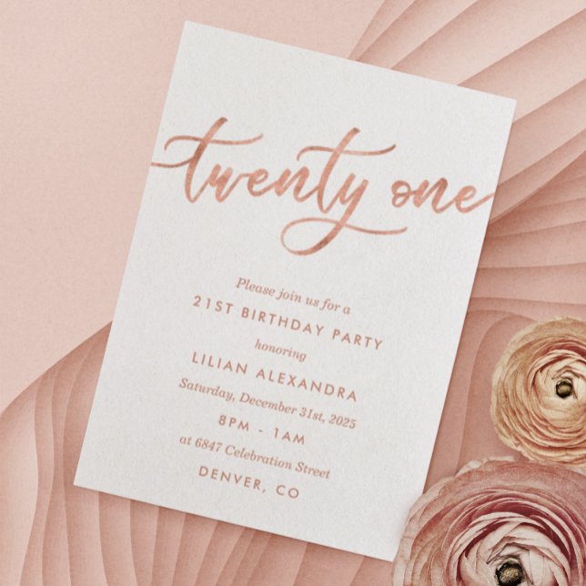 Rose Gold 21e Anniversaire Invitations Girl Faux F (Créateur téléchargé)