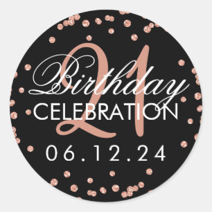 Rose Gold 21st Birthday Glitter Confetti Black Classic Round Sticker