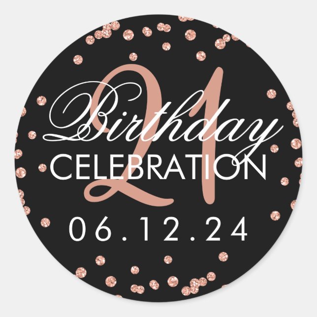 Rose Gold 21st Birthday Glitter Confetti Black Classic Round Sticker (Front)