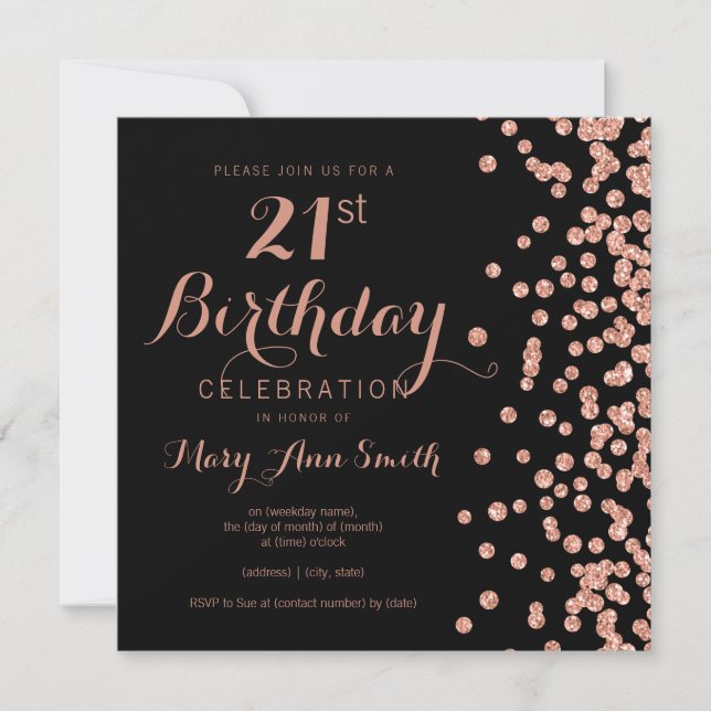 Rose Gold 21st Birthday Glitter Confetti Black Invitation (Front)