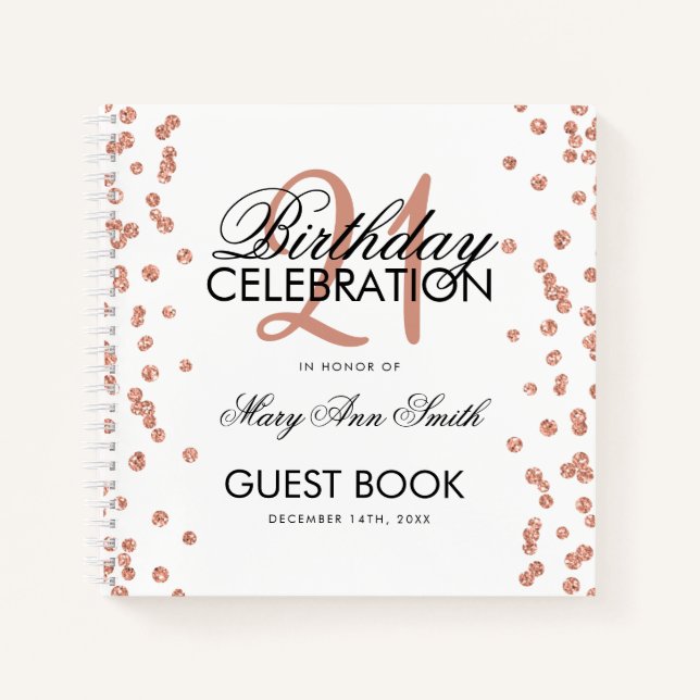 Rose Gold 21st Birthday Guestbook Confetti White Notebook (Front)