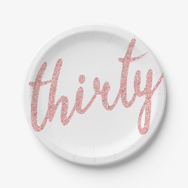 Rose Gold 30 Birthday Party Glitter "Thirty" Paper Plate (Front)