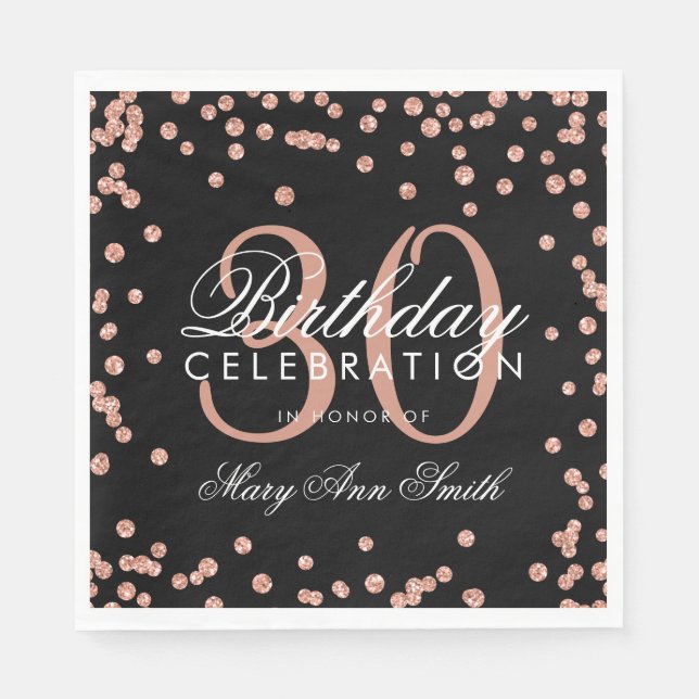 Rose Gold 30th Birthday Glitter Confetti Black Napkin (Front)
