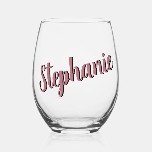 Rose Gold 3D Elegant Handwritten Style Name Stemless Wine Glass (Front)
