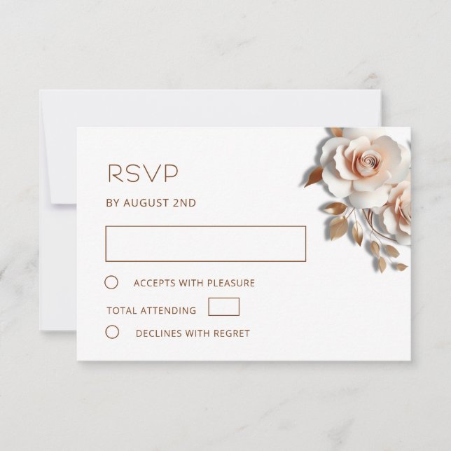 Rose Gold 3D Roses Wedding RSVP Card (Front)