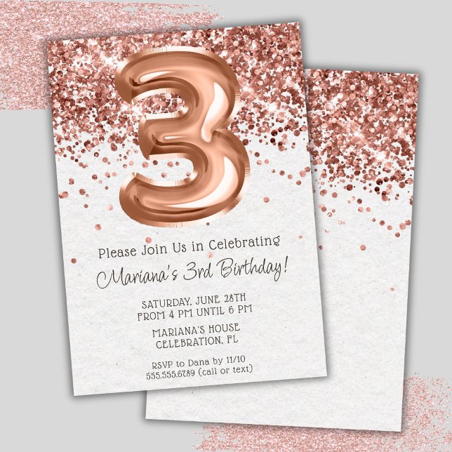 Rose Gold 3rd Birthday Party Invitation (Creator Uploaded)