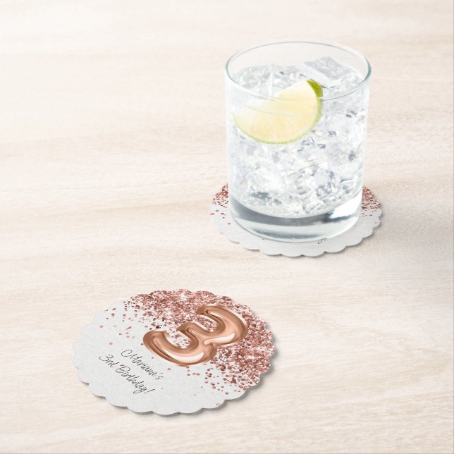  Rose Gold 3rd Birthday Party Paper Coaster (Insitu)