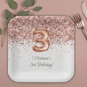 Rose Gold 3rd Birthday Party Paper Plate
