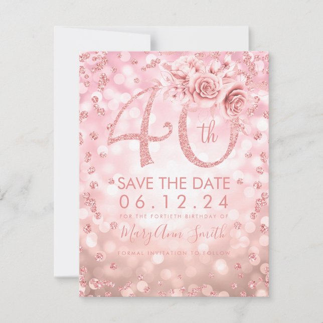 Rose Gold 40th Birthday Glam Lights Save The Date (Front)