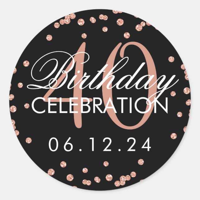 Rose Gold 40th Birthday Glitter Confetti Black Classic Round Sticker (Front)
