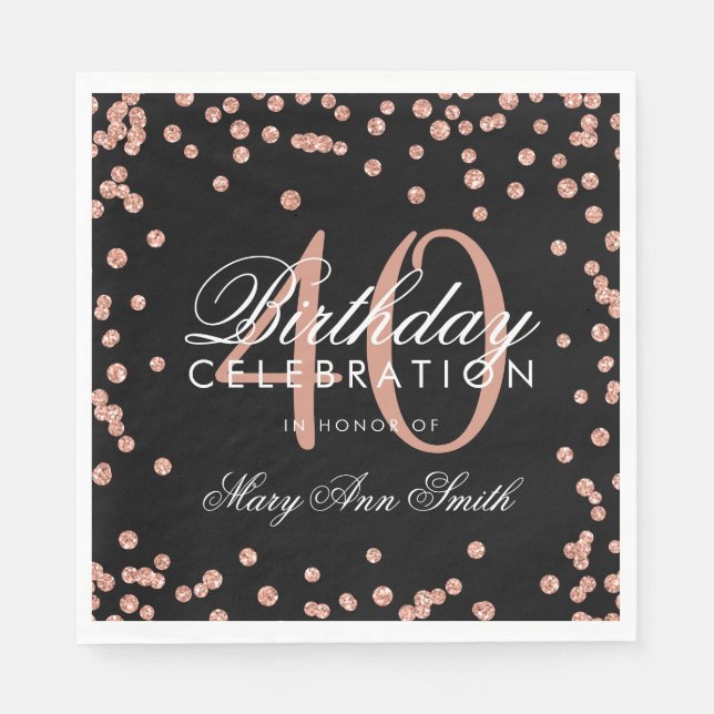 Rose Gold 40th Birthday Glitter Confetti Black Napkin (Front)