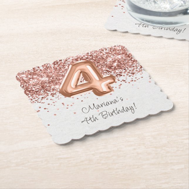  Rose Gold 4th Birthday Party Paper Coaster (Angled)