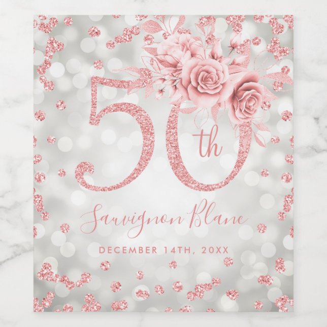 Rose Gold 50th Birthday Floral Glam Lights Silver  Wine Label (Single Label)