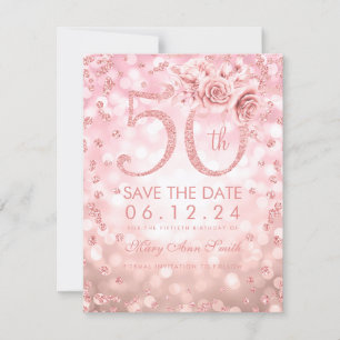 Rose Gold 50th Birthday Glam Lights Save The Date