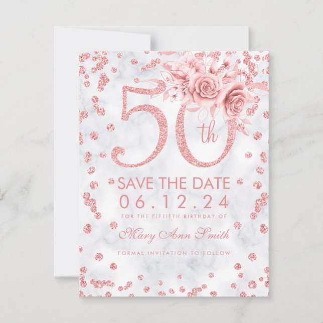 Rose Gold 50th Birthday Glam Marble  Save The Date (Front)