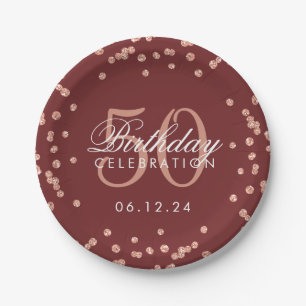 Rose Gold 50th Birthday Glitter Confetti Burgundy Paper Plate