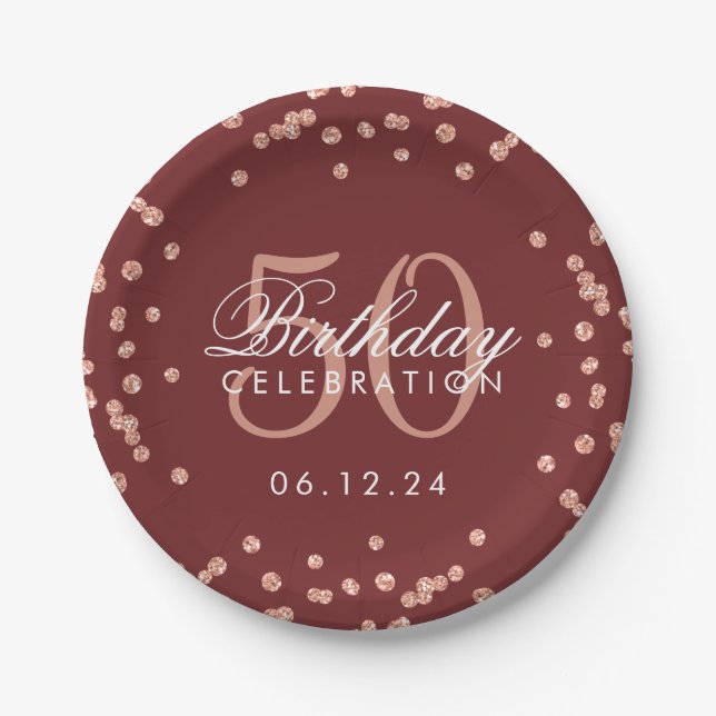 Rose Gold 50th Birthday Glitter Confetti Burgundy Paper Plate (Front)