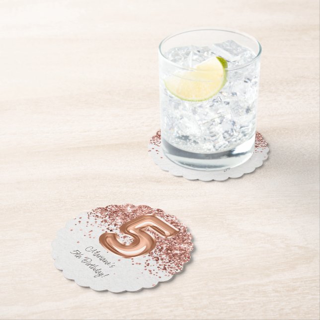  Rose Gold 5th Birthday Party Paper Coaster (Insitu)