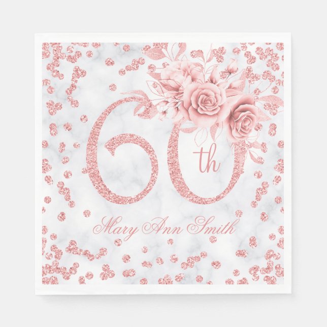 Rose Gold 60th Birthday Floral Glam Marble  Napkin (Front)
