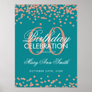 Rose Gold 60th Birthday Glitter Confetti Teal Poster