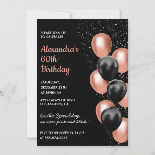 Rose gold 60th birthday invitation Balloon Black