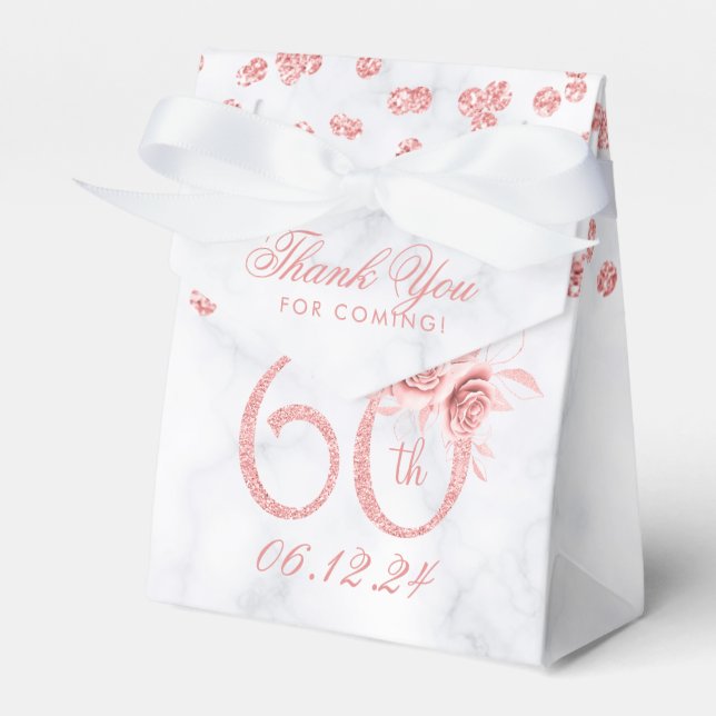 Rose Gold 60th Birthday Thank You Floral Marble  Favor Box (Front Side)