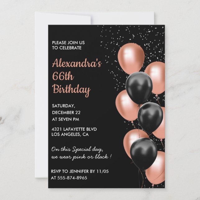 Rose gold 66th birthday invitation Balloon Black (Front)