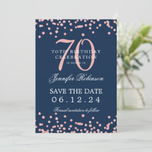 Rose Gold 70 Birthday Save Date Confetti Navy Blue Invitation