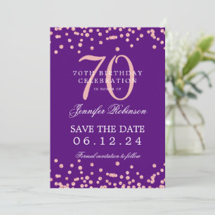 Rose Gold 70 Birthday Save Date Confetti Purple  Invitation