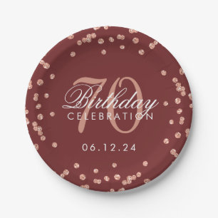 Rose Gold 70th Birthday Glitter Confetti Burgundy Paper Plate