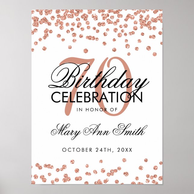 Rose Gold 70th Birthday Glitter Confetti White Poster (Front)
