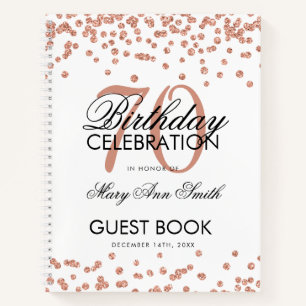Rose Gold 70th Birthday Guestbook Confetti White Notebook