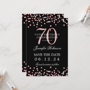 Rose Gold 70th Birthday Save Date Details Black Invitation
