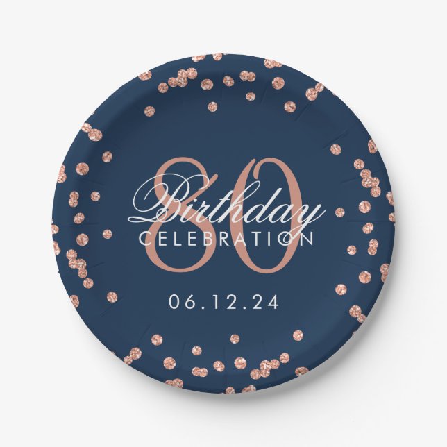 Rose Gold 80th Birthday Glitter Confetti Navy Blue Paper Plate (Front)