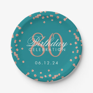 Rose Gold 80th Birthday Glitter Confetti Teal Paper Plate