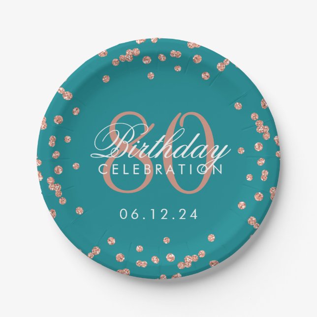 Rose Gold 80th Birthday Glitter Confetti Teal Paper Plate (Front)