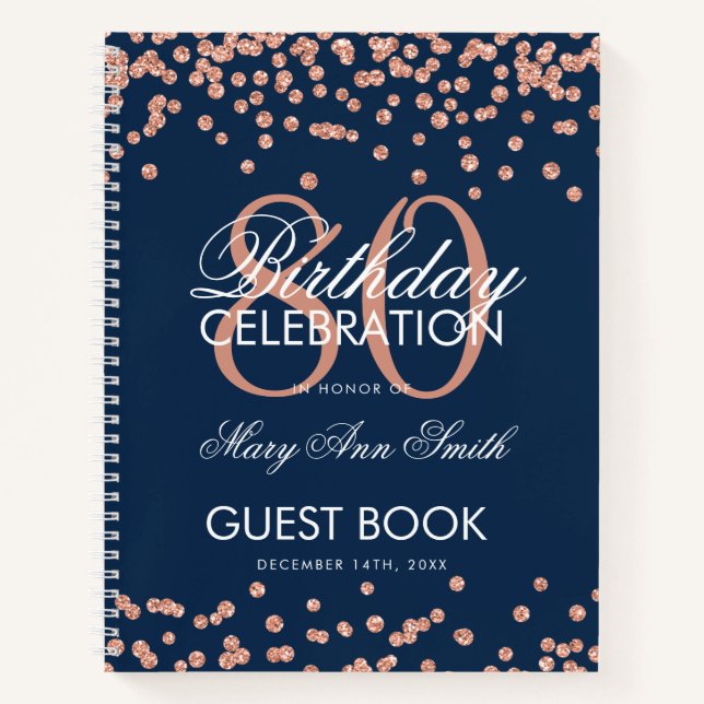 Rose Gold 80th Birthday Guestbook Confetti Navy Notebook (Front)