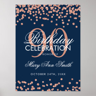 Rose Gold 90th Birthday Glitter Confetti Navy Blue Poster
