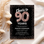 Rose Gold 90th Birthday Invitation<br><div class="desc">Elevate your milestone celebration with our elegant 90th birthday party invitations! Featuring a versatile black background, rose gold sparkly glitter, ninety charming rose gold helium balloons, and a trendy 90th birthday text that's a breeze to personalize! Add your unique touch to this special day and let your guests anticipate a...</div>