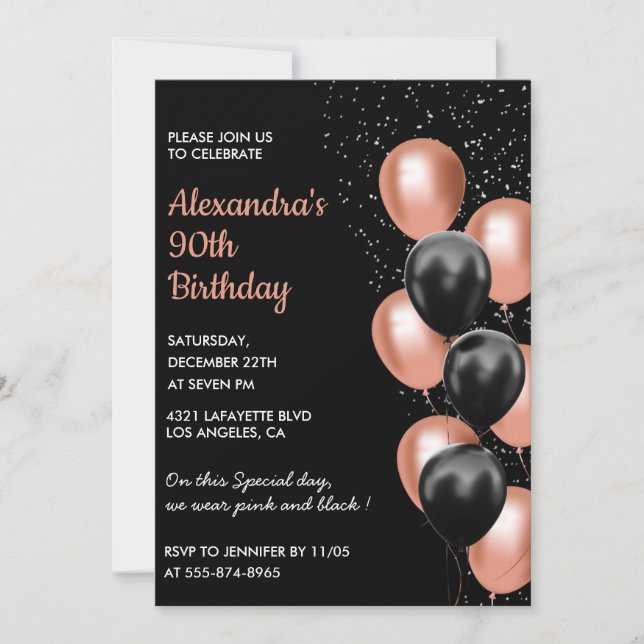 Rose gold 90th birthday invitation Balloon Black (Front)