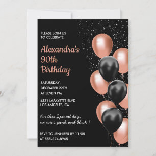 Rose gold 90th birthday invitation Balloon Black