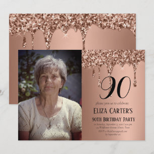 Rose Gold 90th Ninety Drip Elegant Birthday  Invitation