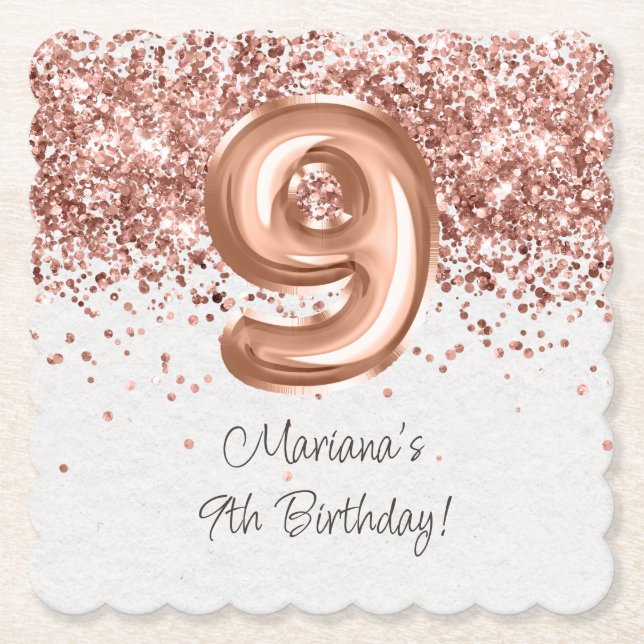  Rose Gold 9th Birthday Party Paper Coaster (Front)