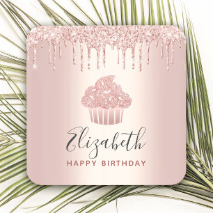 Rose gold add your name cupcake glitter drips glam square paper coaster
