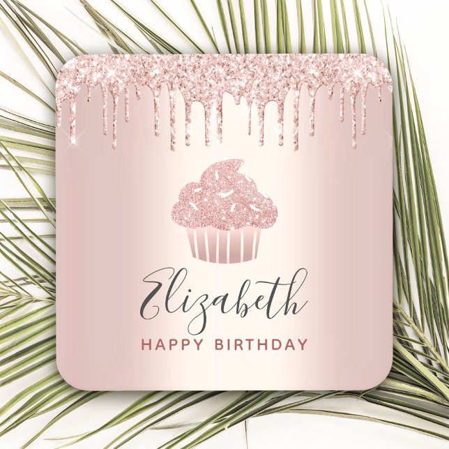 Rose gold add your name cupcake glitter drips glam square paper coaster (Creator Uploaded)