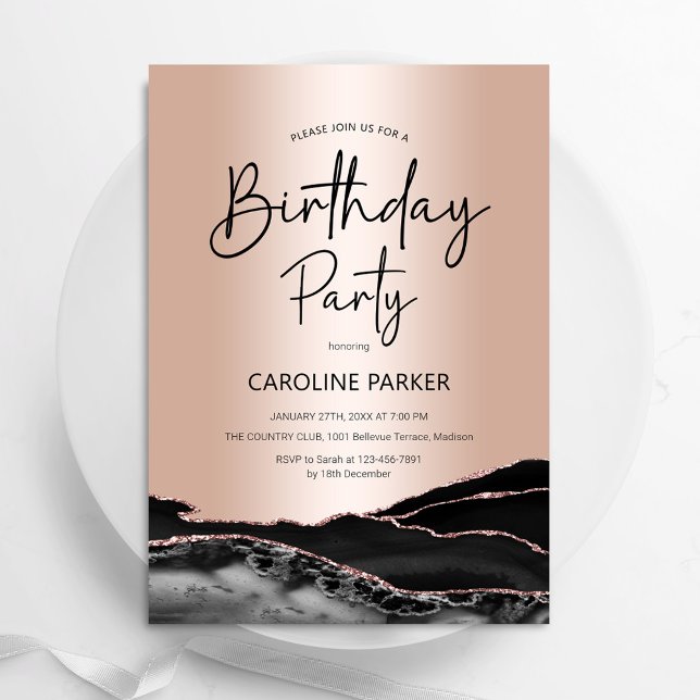 Rose Gold Agate Black Birthday Any Age Invitation (Creator Uploaded)